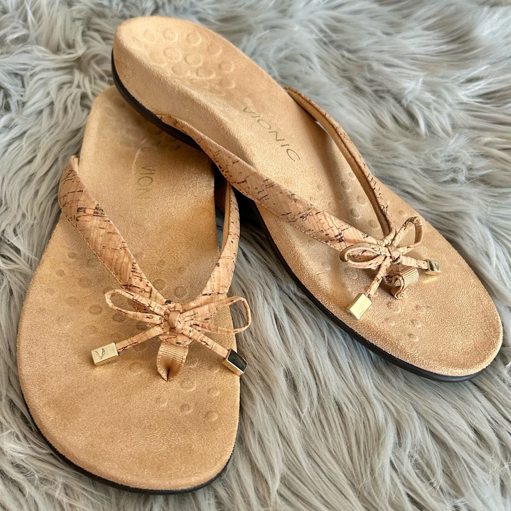 Vionic Bella II Gold Cork Tan Bow Flip Flop Toe Post Orthotic Sandals 10